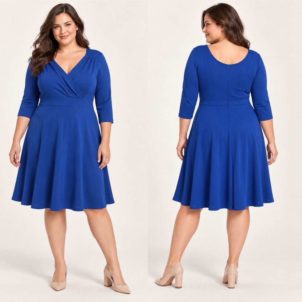 Grace Karin Faux Wrap Fit & Flare 3/4 Sleeve Size 2XL Blue Dress Wedding Guest